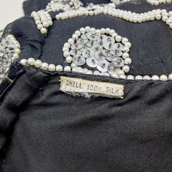 VTG Pearl Beaded Sequenced Lawrence Kazar Black Short Sleeve Formal SILK Top - Picture 2 of 10
